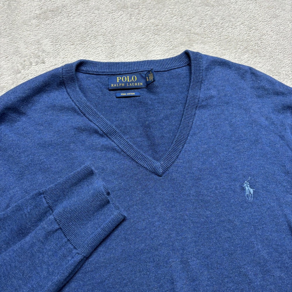 Polo Ralph Lauren‎ Sweater Mens XL V-Neck Blue Pima Cotton EUC Pony